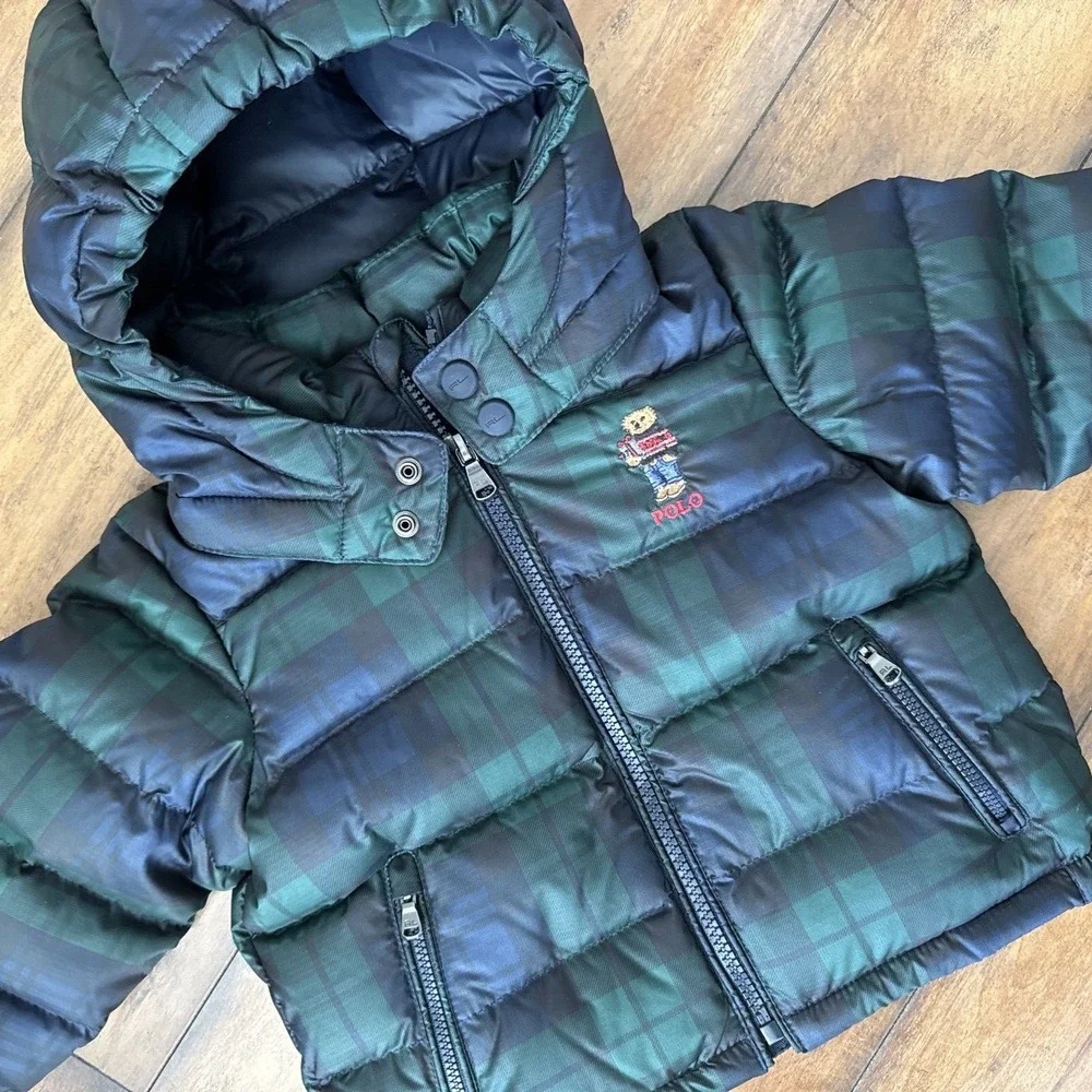 Polo Ralph Lauren Baby Boys Polo Bear Plaid Down Hooded Jacket Size 12 Months 12